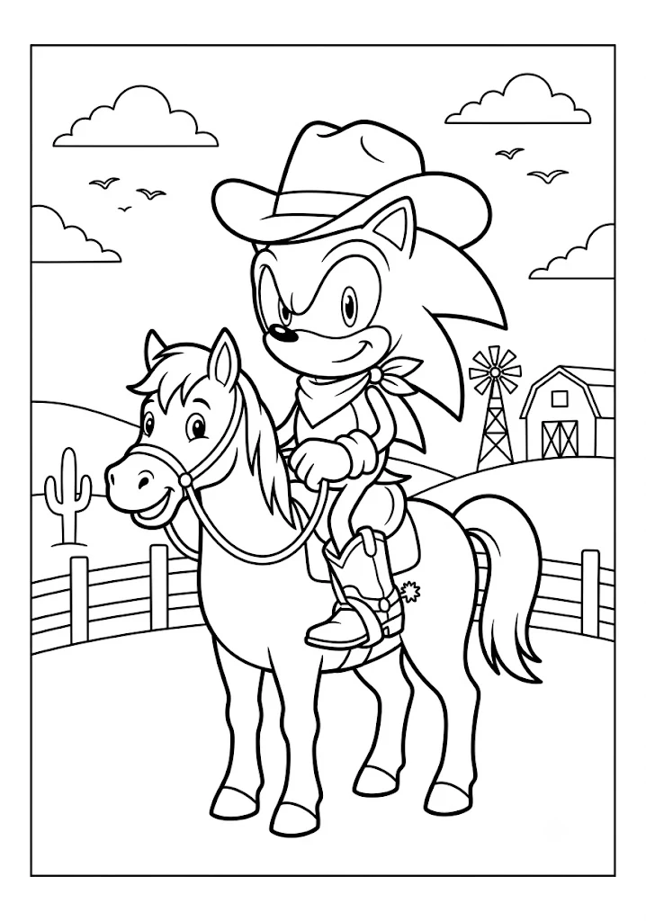 Sonic dressed as a cowboy riding a cute horse on a farm with a barn and windmill Sonic Coloring Pages