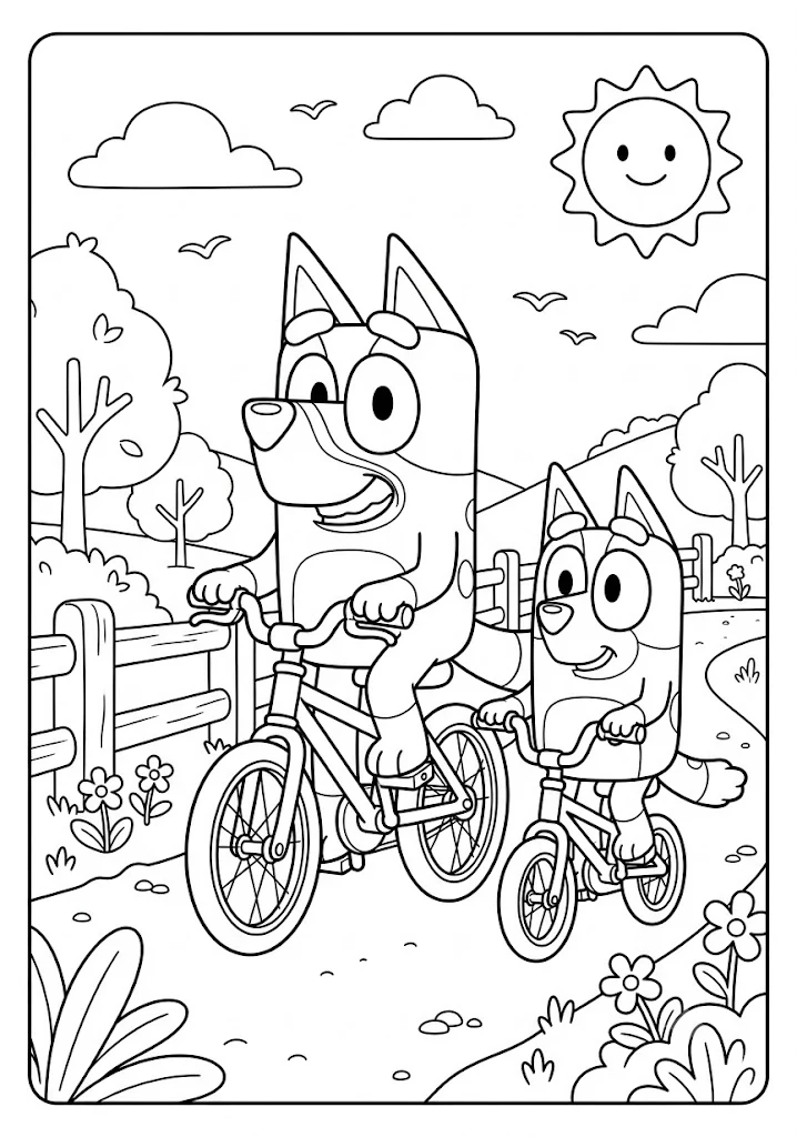 Bluey and Bingo riding their bicycles together along a scenic outdoor path on a sunny day