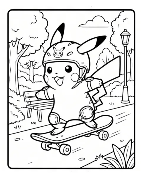 Active Pikachu Park Skateboarding Coloring Page