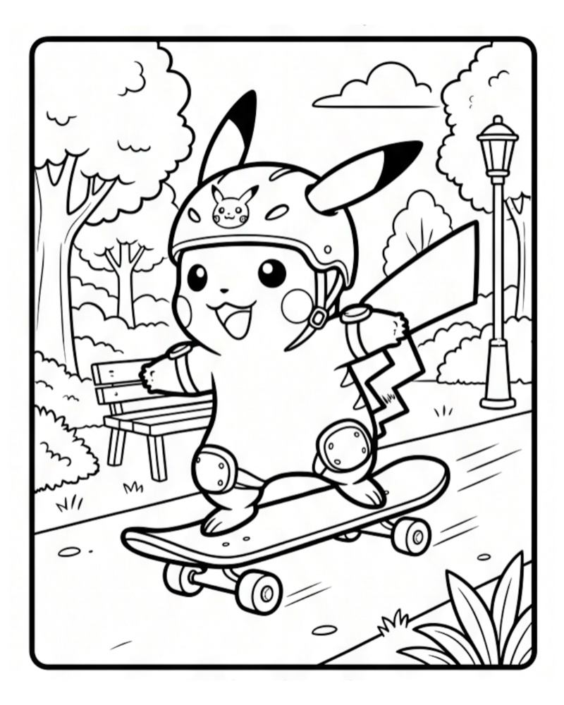Active Pikachu Park Skateboarding Coloring Page