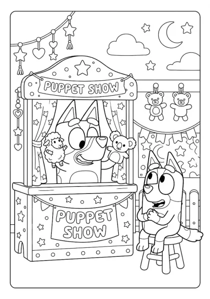 Bluey performing a puppet show with sheep and koala hand puppets while Bingo watches from a stool