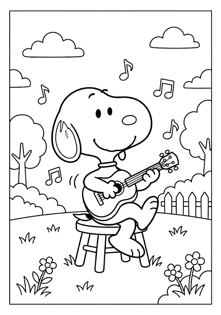 Snoopy sitting on a wooden stool playing a small acoustic guitar outdoors Snoopy Coloring Pages