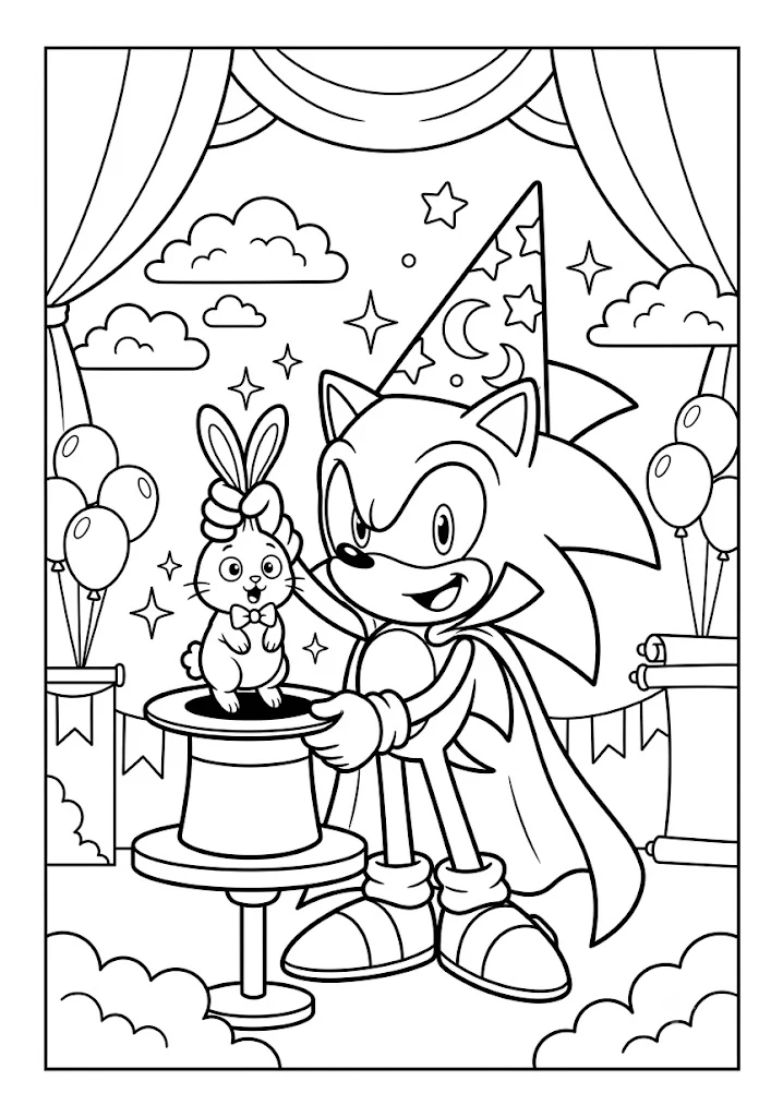 Sonic dressed as a magician pulling a cute rabbit out of a top hat on a stage with curtains Sonic Coloring Pages Title: Sonic Magic Show Wizard Sonic