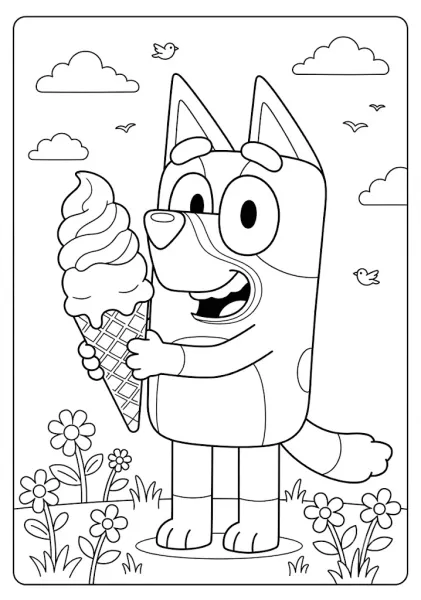 portrait coloring page of a smiling Bluey holding a large ice cream cone, with cute flowers and tiny birds in background
