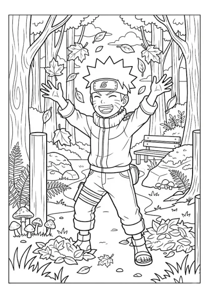 Chibi Naruto standing in a forest with hands raised enjoying falling autumn leaves coloring page