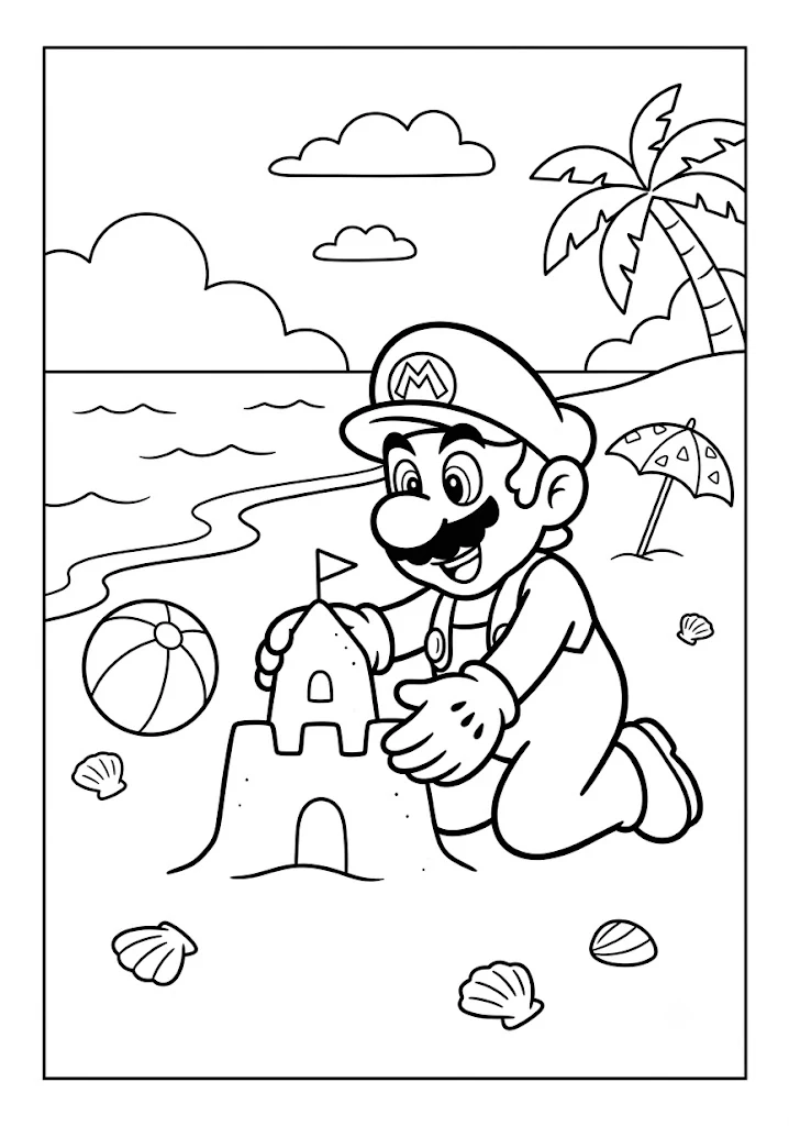 Mario building a sandcastle on a sunny beach with a beach ball and palm tree Mario Coloring Pages
