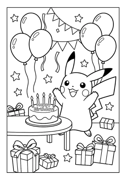 Cute Pikachu celebrating a birthday with balloons party decorations cake and gift boxes Pokemon Coloring Pages
