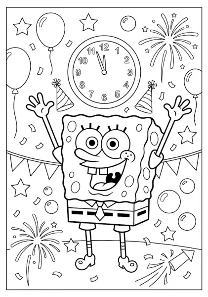 SpongeBob SquarePants celebrating New Year's Eve with arms raised under a clock striking midnight, fireworks, and balloons SpongeBob Coloring Pages
