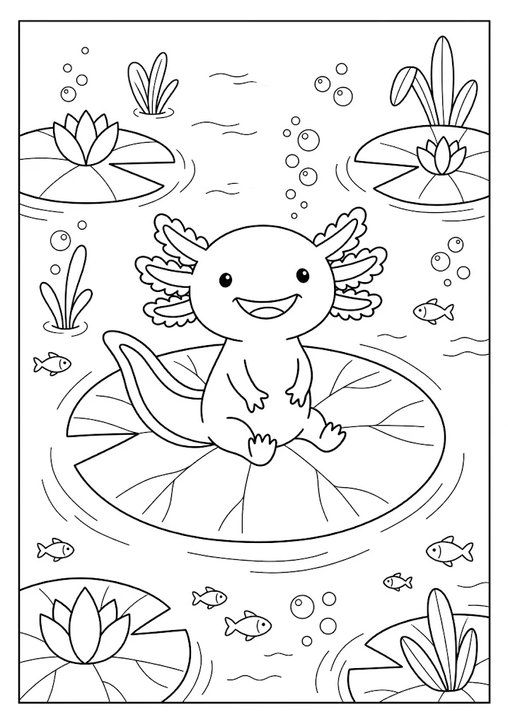 Cute axolotl sitting cheerfully on a large lily pad surrounded by swimming fish Axolotl Coloring Pages