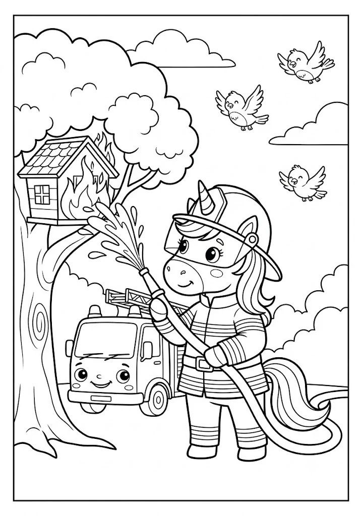 A brave firefighter unicorn spraying water from a hose onto a small burning birdhouse in a tree