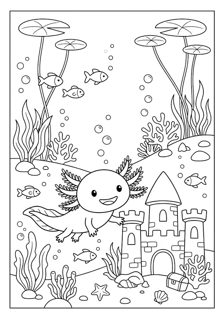 Cute axolotl swimming near a detailed stone underwater castle with small fish Axolotl Coloring Pages