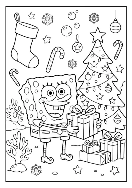SpongeBob SquarePants holding a Christmas gift next to a decorated Christmas tree with stockings and candy canes SpongeBob Coloring Pages
