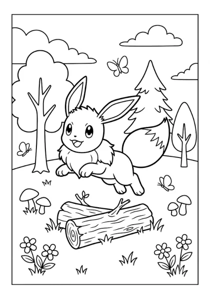 Cute Eevee leaping gracefully over wooden logs in a forest with flowers butterflies and pine trees Pokemon Coloring Pages