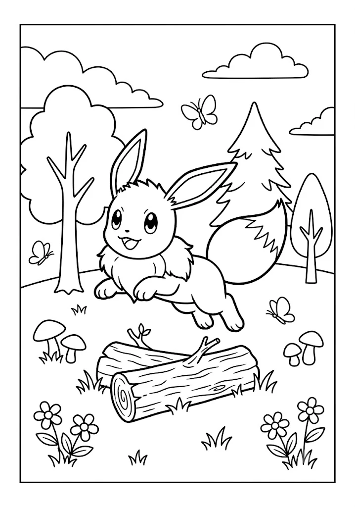 Cute Eevee leaping gracefully over wooden logs in a forest with flowers butterflies and pine trees Pokemon Coloring Pages