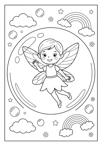 A cute fairy waving from inside a floating giant soap bubble with small rainbows and clouds in the background Fairy Coloring Pages