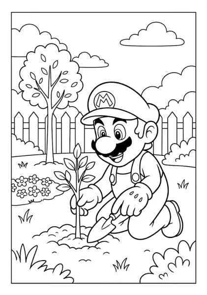 Mario planting a small tree sapling in a garden with a hand shovel and fence Mario Coloring Pages