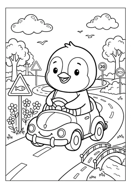 Cute penguin driving a small toy car along a winding road with traffic signs trees and a bridge Penguin Coloring
