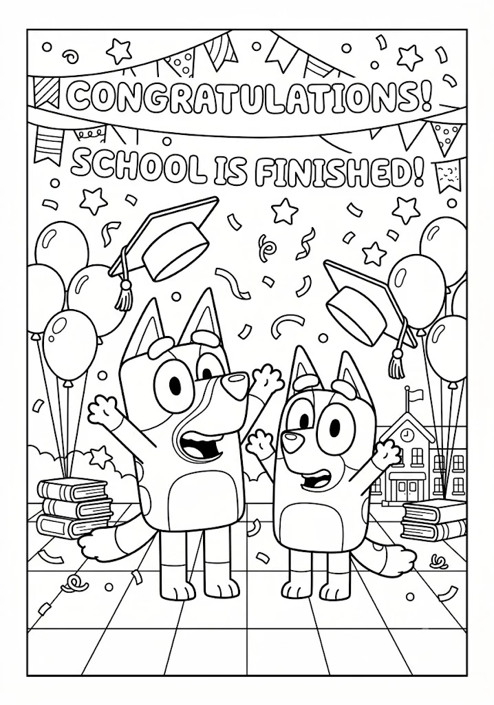 Bluey and Bingo cheering as graduation caps toss in the air in front of a School is Finished banner