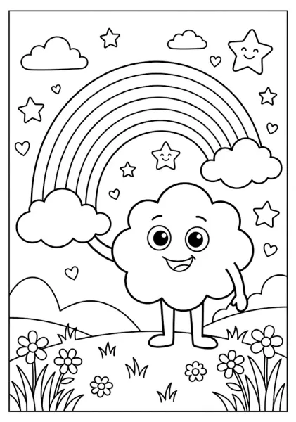 A cute cartoon cloud with a happy face standing under a rainbow in a starry sky above a flower field coloring