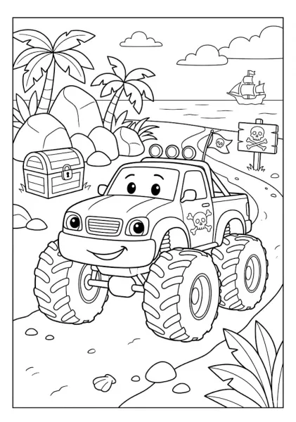 Pirate themed monster truck on a tropical beach near a treasure chest and pirate ship Monster Truck Coloring Pages