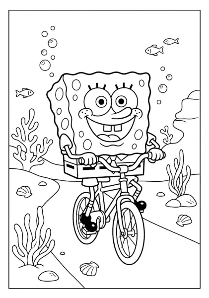 SpongeBob SquarePants riding a bicycle along an underwater path with corals and swimming fish SpongeBob Coloring Pages