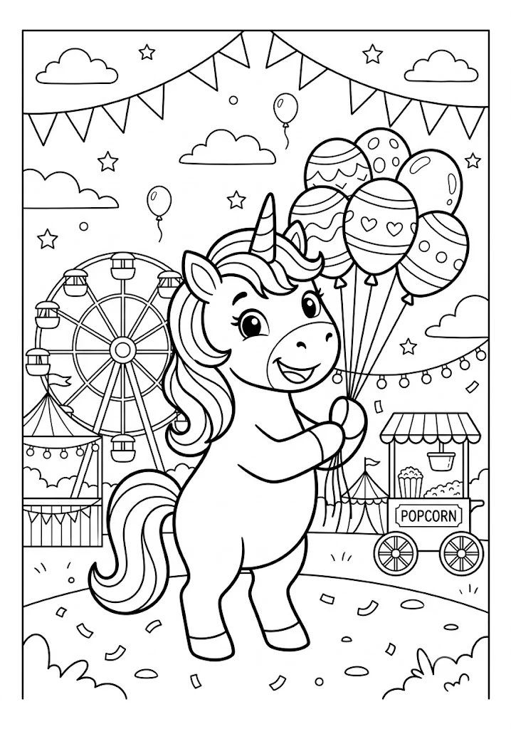 Cute unicorn holding a big bunch of balloons at a carnival with a Ferris wheel and popcorn cart
