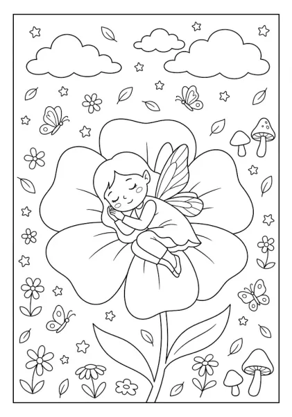 A cute fairy peacefully sleeping inside the petals of a large flower surrounded by butterflies and stars Fairy Coloring Pages