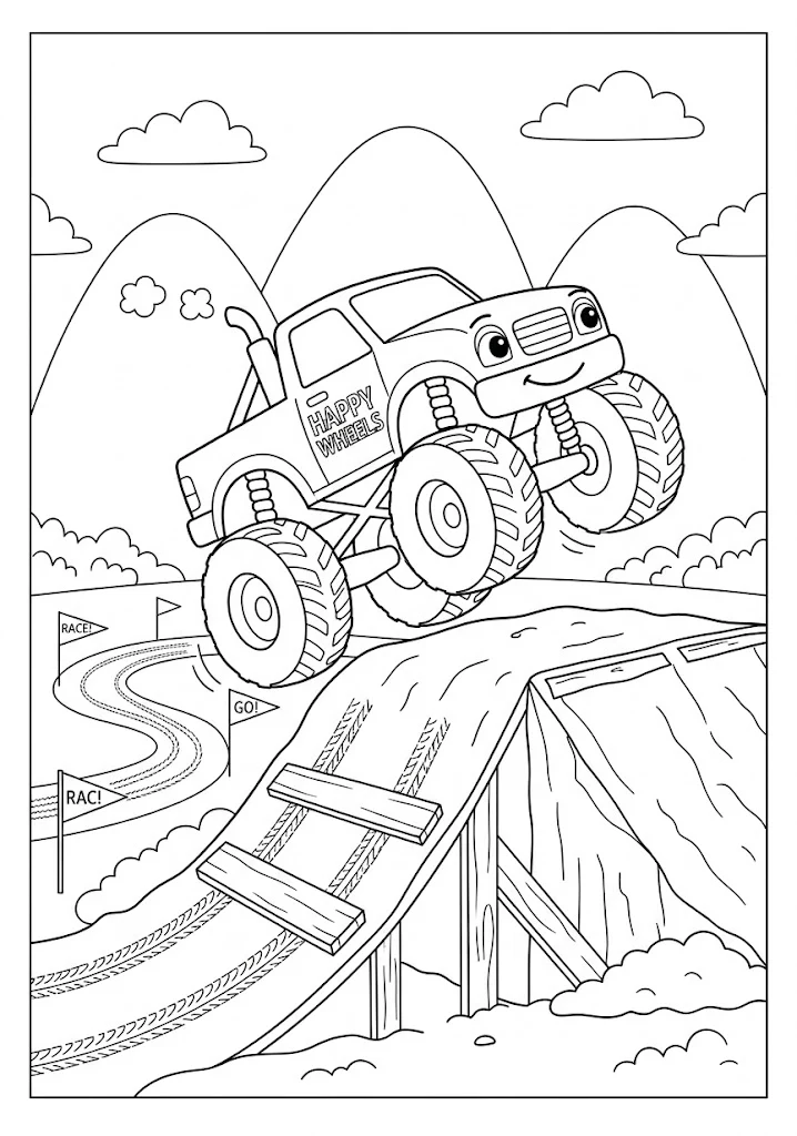 Happy Wheels monster truck launching off a wooden ramp on a dirt track Monster Truck Coloring Pages