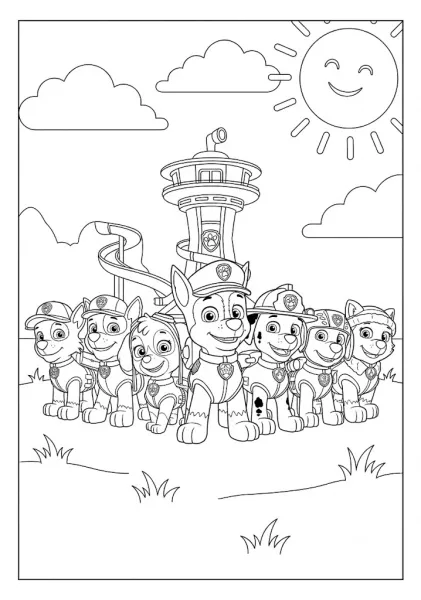 The entire Paw Patrol team standing together proudly in front of the Lookout Tower under a sunny sky