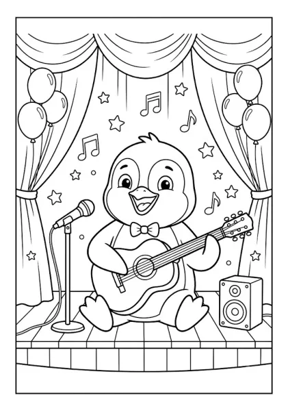 Cute penguin wearing a bowtie playing an acoustic guitar on a stage with a microphone speaker curtains and balloons Penguin Coloring Pages