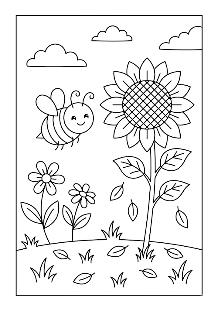 A cute bee flying beside a tall blooming sunflower with falling leaves under a cloudy sky Bee Coloring Pages