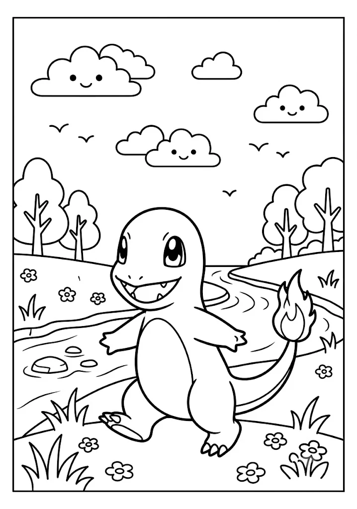 Cute Charmander walking along a winding river bank with smiling clouds trees and flowers Pokemon Coloring Pages