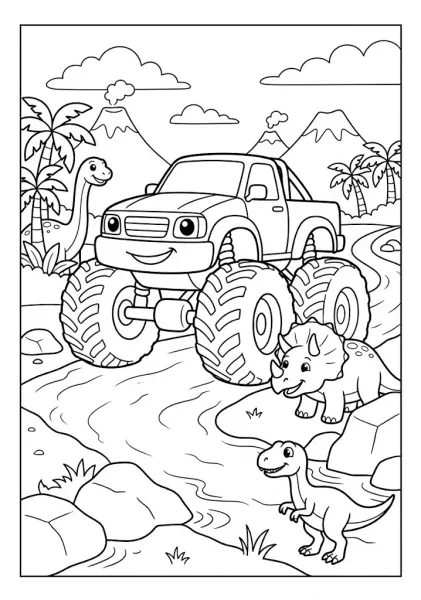 Monster truck in a prehistoric landscape with cute dinosaurs and smoking volcanoes Monster Truck Coloring Pages