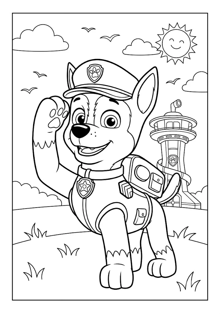 Chase standing in a field and waving his paw with the Paw Patrol tower in the background