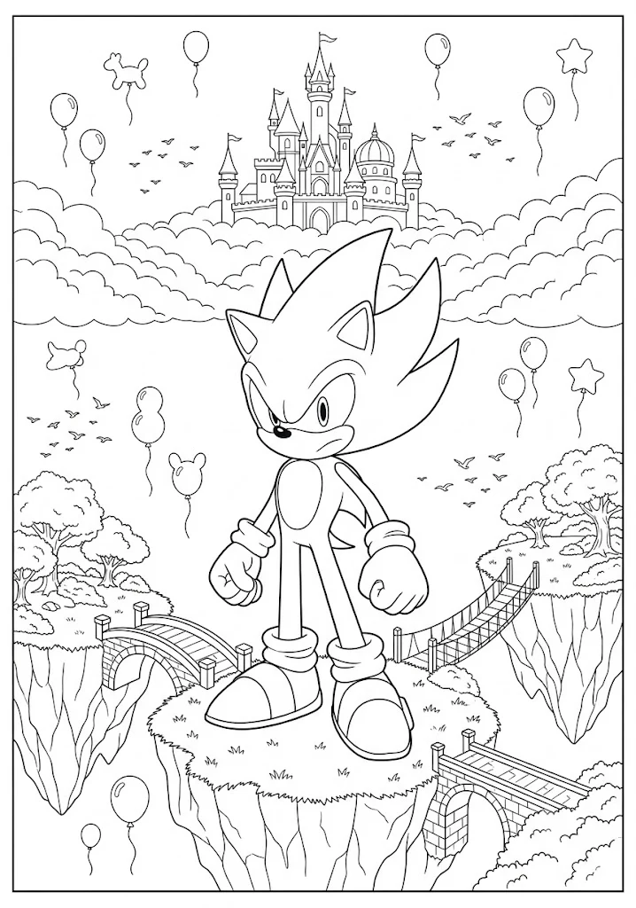 Super Sonic standing in front of a majestic castle on clouds and magical floating islands with bridges