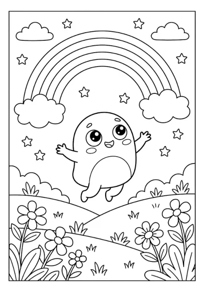 Cute round character jumping with joy under a rainbow and stars surrounded by large flowers coloring page