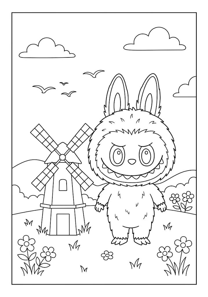 A cute Labubu character standing near a classic wooden windmill in custom Labubu coloring pages
