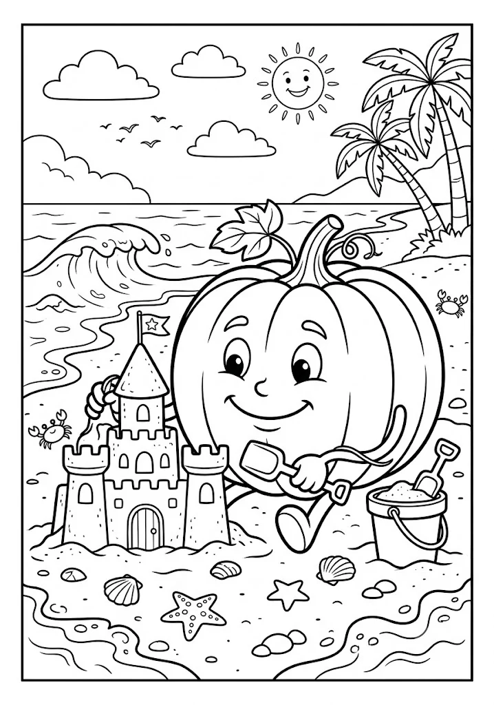 Cute pumpkin building a detailed sandcastle on a sunny beach with seashells, starfish, ocean waves, and palm trees Pumpkin Coloring Pages
