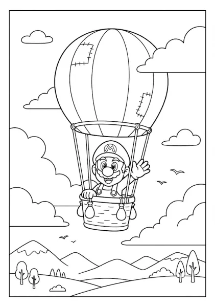 Mario waving from a hot air balloon floating above mountains and trees Mario Coloring Pages