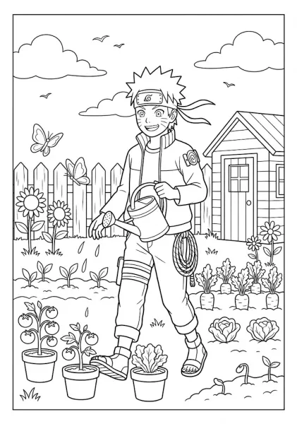 Chibi Naruto watering potted plants in a backyard vegetable garden coloring page