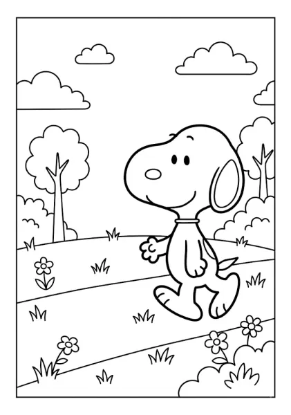 Snoopy strolling happily along a path through a park filled with trees and flowers Snoopy Coloring Pages