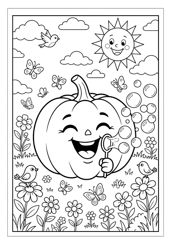 Cute pumpkin blowing soap bubbles in a garden surrounded by flying butterflies, singing birds, flowers, and a smiling sun Pumpkin Coloring Pages