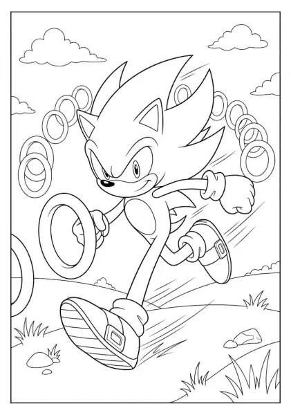 Exciting Super Sonic coloring page featuring the speedy hedgehog running fast on a path with classic golden rings behind him