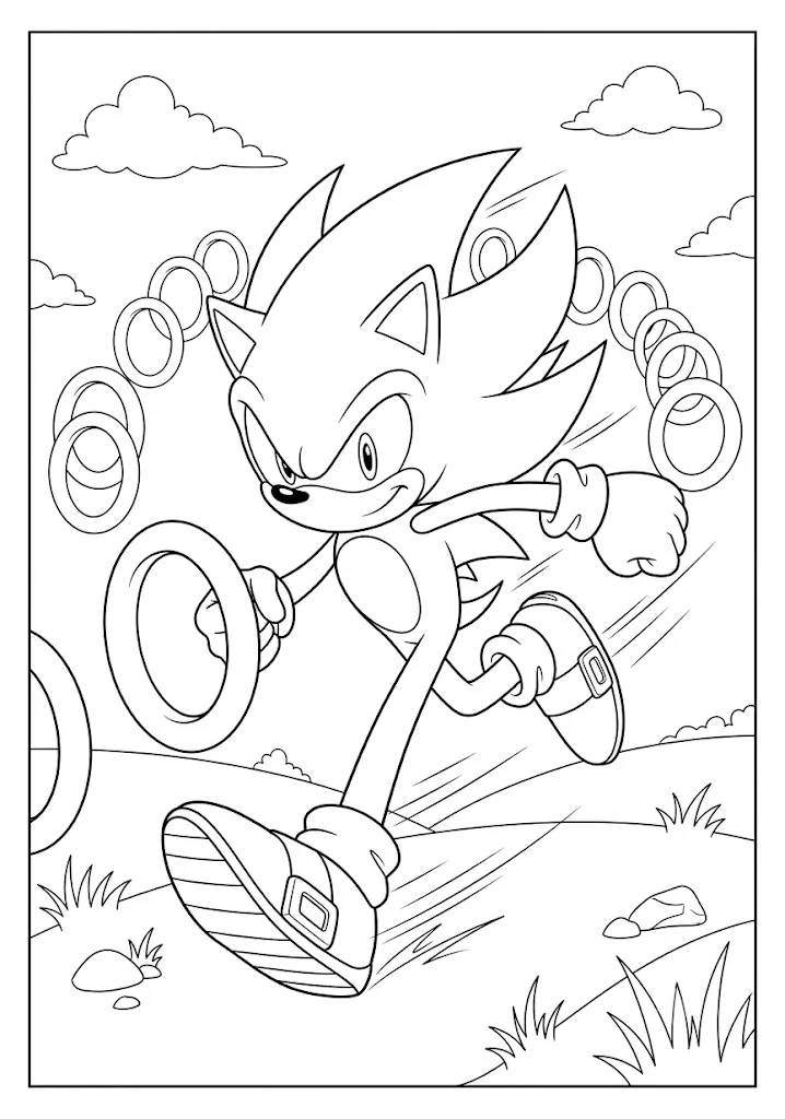 Exciting Super Sonic coloring page featuring the speedy hedgehog running fast on a path with classic golden rings behind him