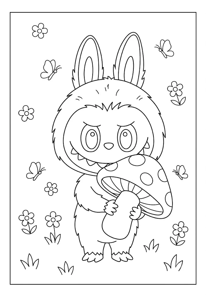 A cute monster character holding a large polka dot mushroom in sweet Labubu coloring pages