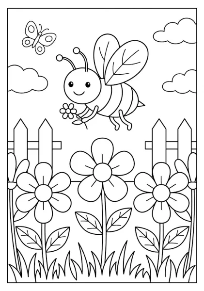 A cute bee carrying a small flower while flying over a wooden garden fence and large flowers Bee Coloring Pages