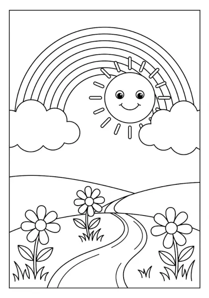 A cute smiling sun peaking through a rainbow and clouds above a countryside path flanked by flowers coloring page