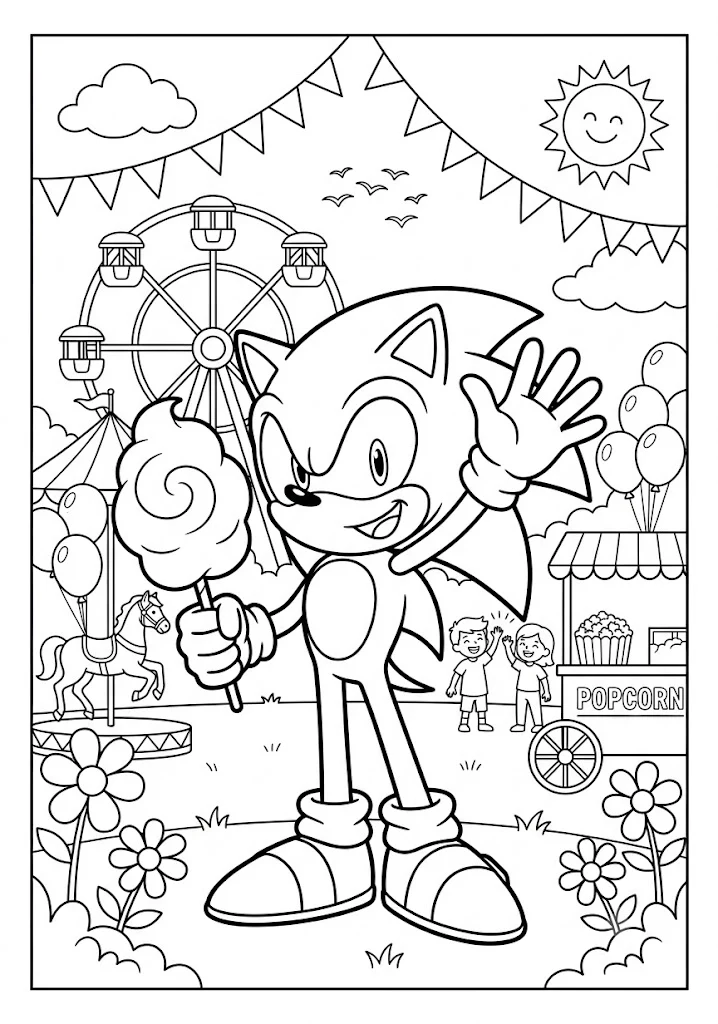 Sonic holding cotton candy and waving in front of a ferris wheel, merry go round, popcorn stall, and festive bunting Sonic Coloring Pages