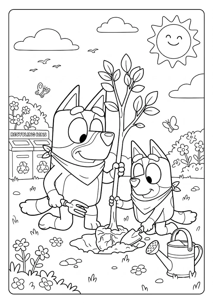 Bluey using a hand fork and Bingo digging with a shovel to plant a young tree near recycling bins