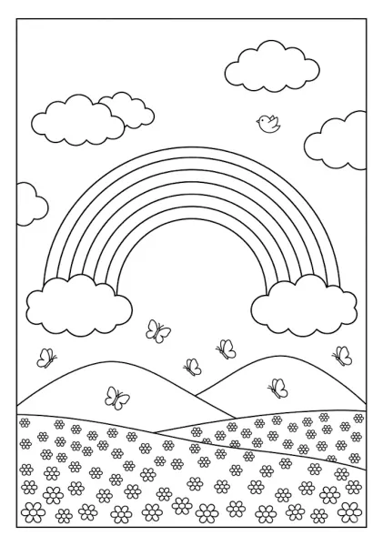 Simple outline coloring page of a rainbow spanning across clouds over a hill filled with butterflies and flowers